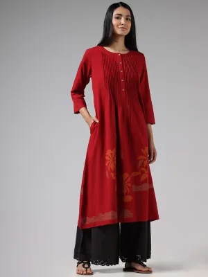 Utsa Red Floral Printed Pintucked Gathered Kurta