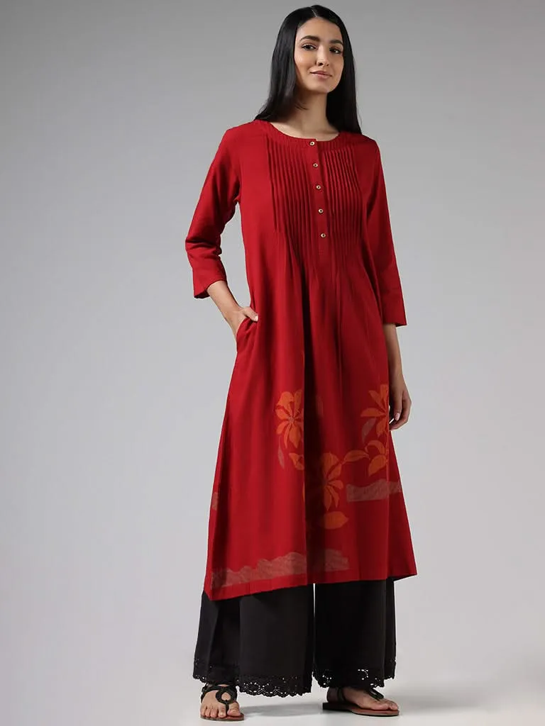 Utsa Red Floral Printed Pintucked Gathered Kurta