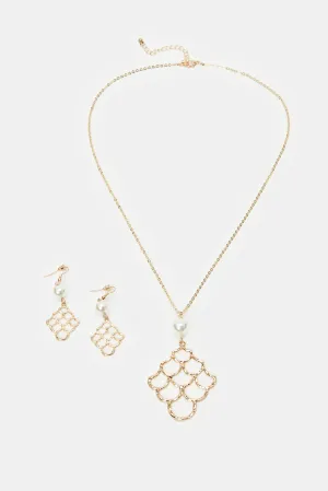 Women Gold Embellished Necklace And Earrings Set (2 Piece)