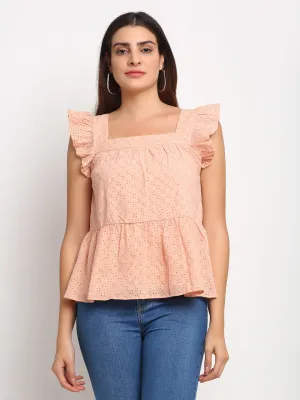 Women Square Neck A-Line Peach Top