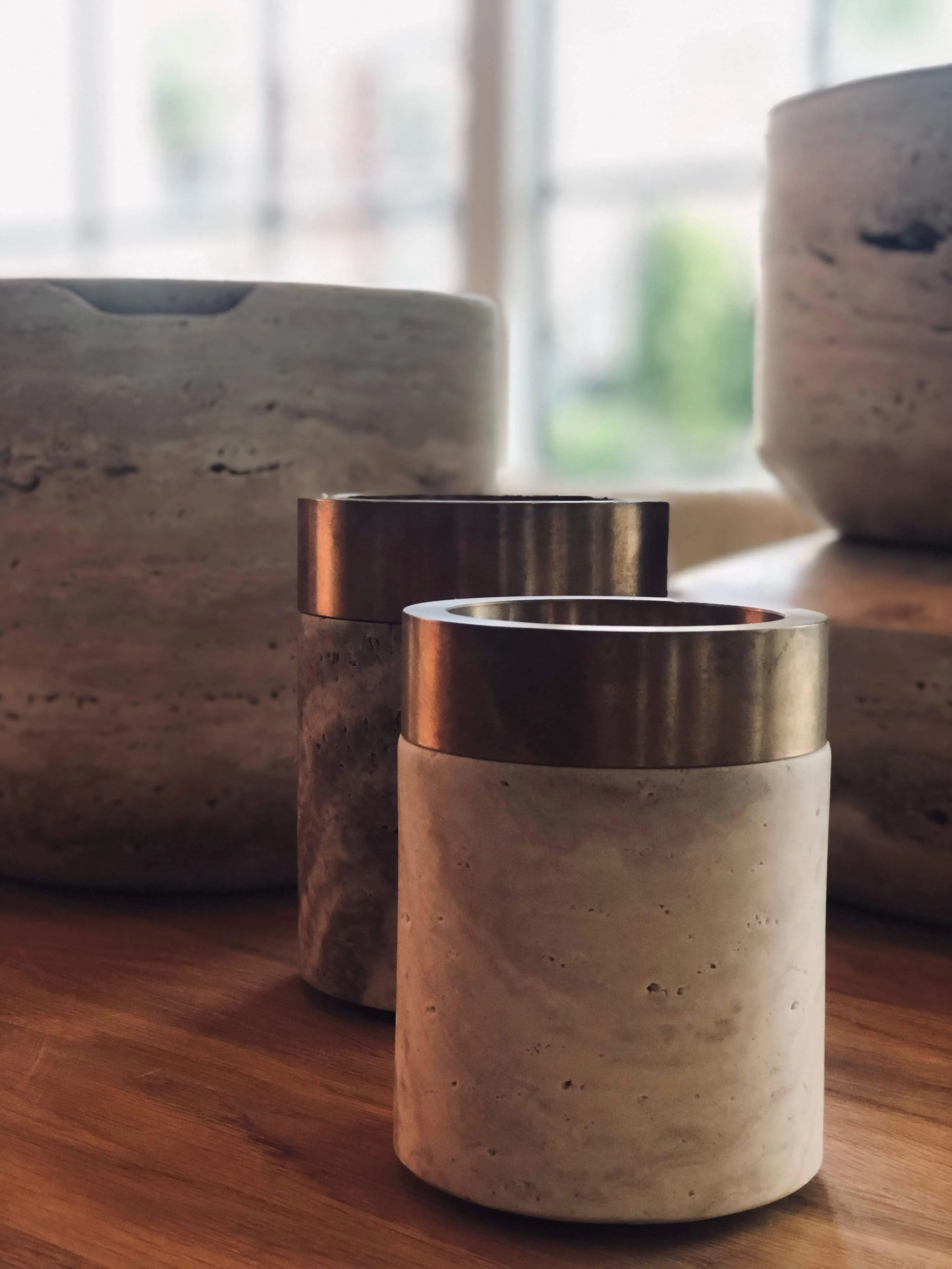 X-Small Coppa Container with Bronze Rim and Travertine by Michael Verheyden
