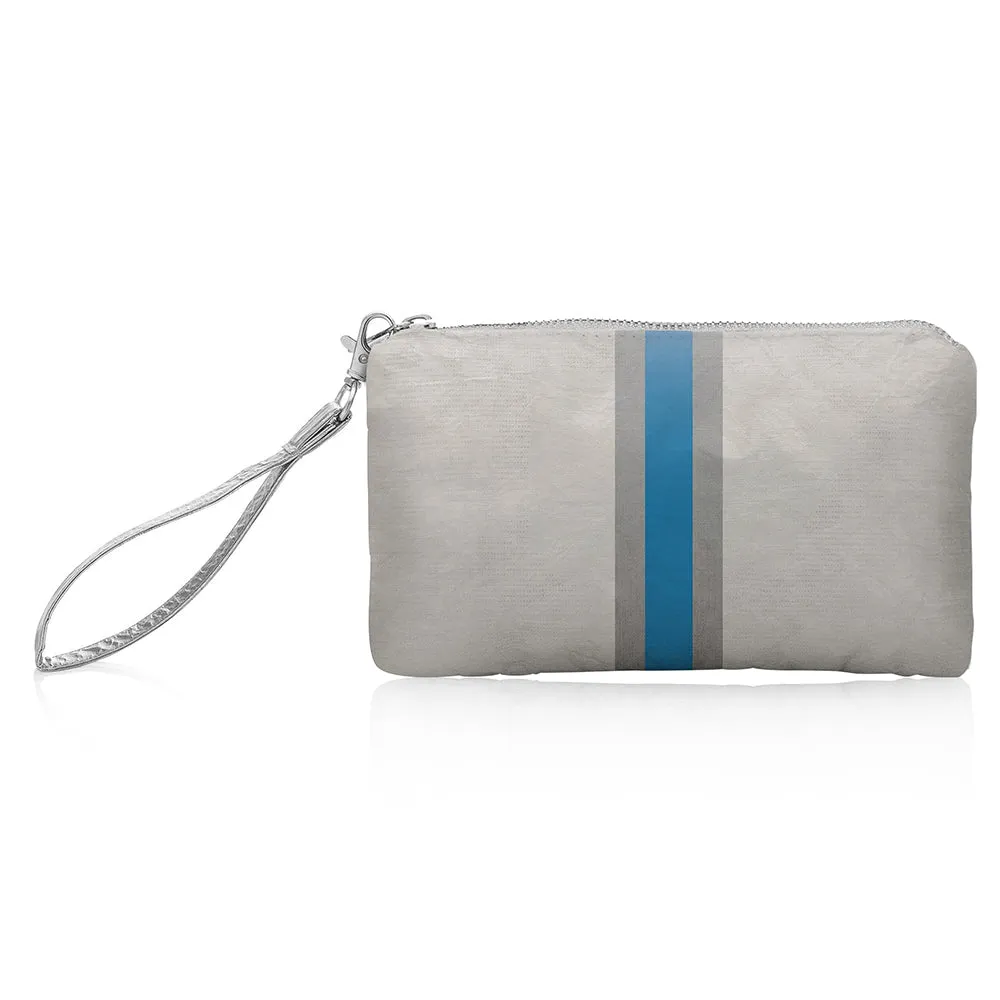 Zip Wristlet in Earth Gray with Sky Blue and Silver Stripe
